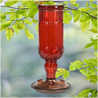Red Antique Glass Bottle Hummingbird Feeder