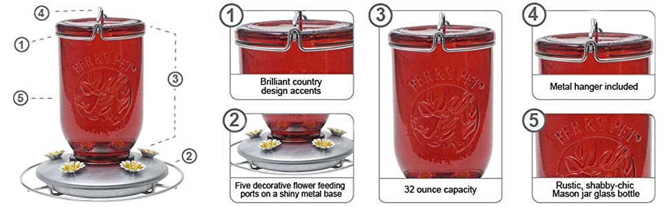 Red Glass Mason Jar Hummingbird Feeder