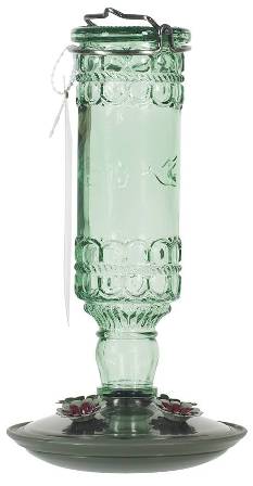 Green Antique Glass Bottle Hummingbird Feeder