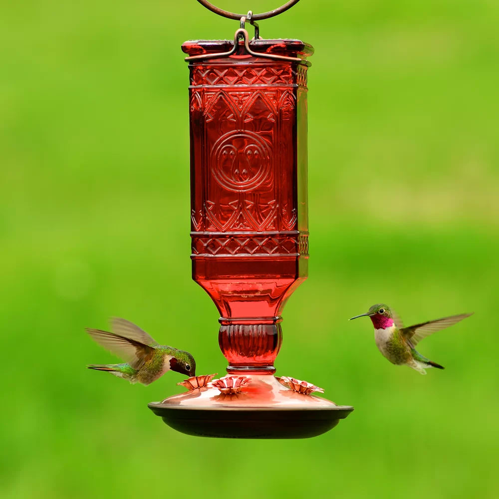 Red Antique Square Glass Bottle Hummingbird Feeder